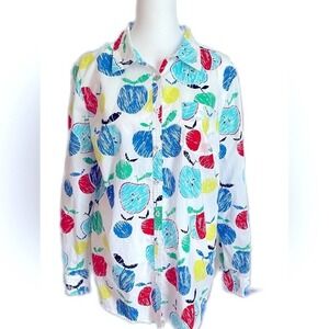 Talbots Large Full Button Front Pocket Teachers Lightweight Apple Print